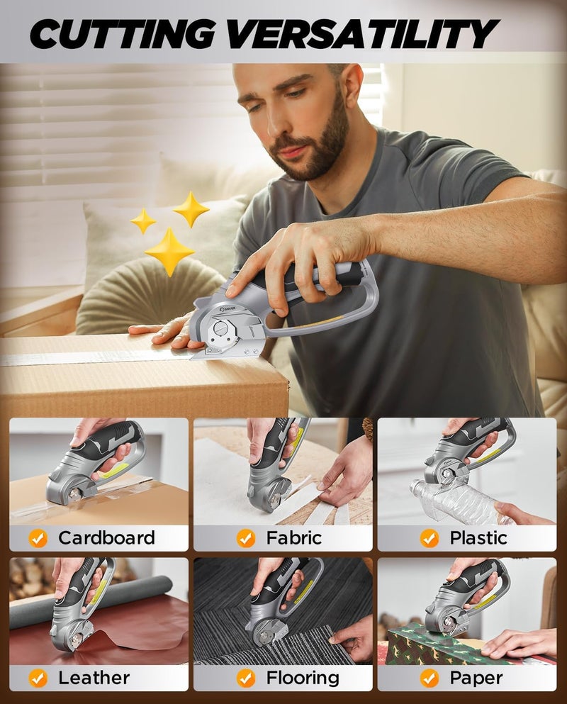 Saker Box Cutter Electric Cordless: Card board Cutter Scissors for Fabric Leather Paper Plastic - Cardboard Cutting Tool with 4V Recharged Battery - Safety Lock and LED Light for Cutting,Grey - Image 2